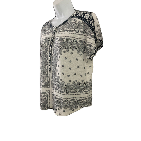 Lucky Brand Top Linen Blend Tunic Sz M White/Blue Paisley Peasant 1/4 Button up - Picture 3 of 9